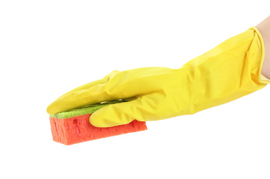 Person in rubber glove with sponge on white background, closeup of hand