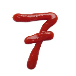 Number seven made with ketchup on white background, top view