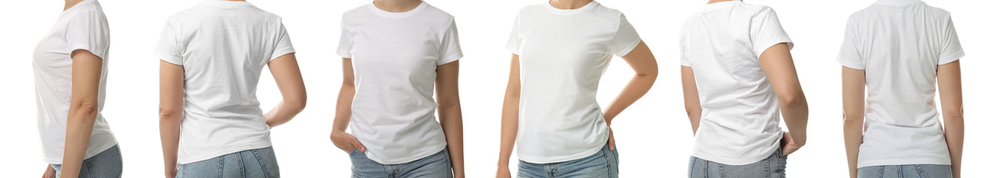 Collage with photos of woman in t-shirt on white background, closeup. Banner design 
