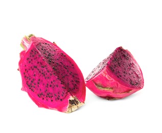 Delicious cut red pitahaya fruit on white background