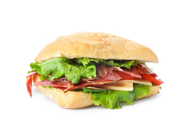 Photo of Delicious sandwich with fresh vegetables and prosciutto isolated on white