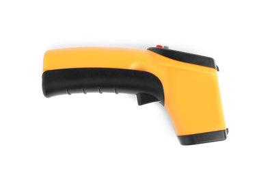 Modern non-contact infrared thermometer on white background, top view