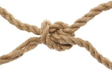 Hemp rope with square knot on white background
