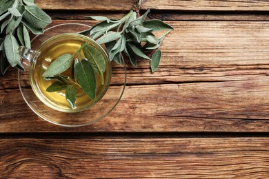 Cup of aromatic sage tea and fresh leaves on wooden table, flat lay. Space for text