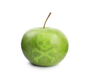 Green poison apple with skull and crossbones image on white background