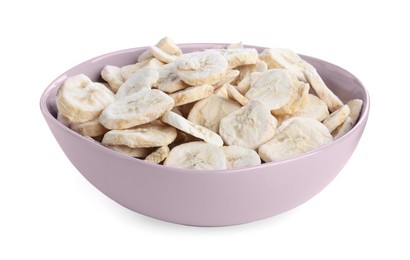 Freeze dried bananas in bowl on white background