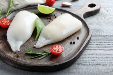 Photo of Fresh raw squid tubes with lime, herbs and tomato on grey wooden table, closeup
