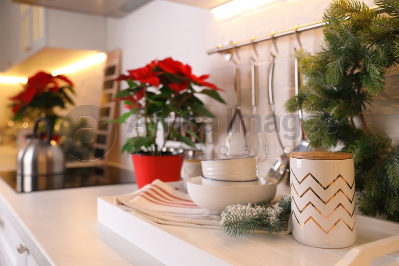 Set of kitchenware and Christmas decor on countertop indoors