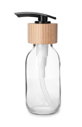 New empty glass bottle with dispenser cap isolated on white