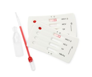 Disposable express hepatitis test kit on white background, top view