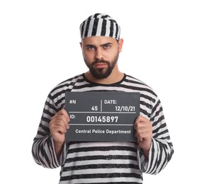 Prisoner in special uniform with mugshot letter board  on white background