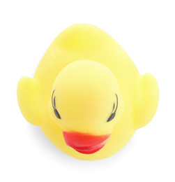 Photo of Adorable yellow toy duck isolated on white, top view