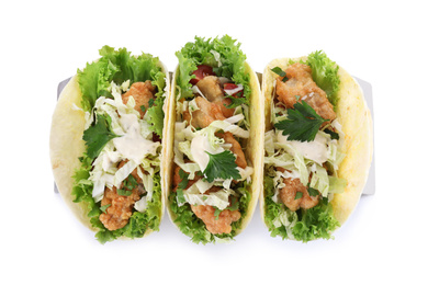 Photo of Yummy fish tacos isolated on white, above view
