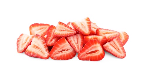 Halves of delicious fresh strawberries on white background