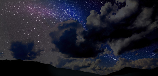 Mountain landscape and beautiful starry sky at night. Banner design