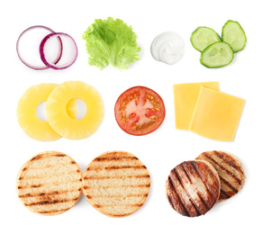 Set of ingredients for delicious burger on white background, top view