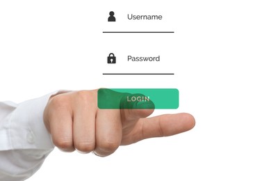 Illustration of authorization interface and man pressing button LOGIN on white background, closeup