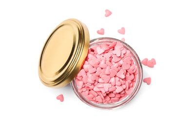 Sweet candy hearts in jar on white background, top view