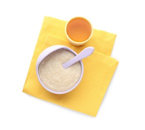 Photo of Healthy baby food in bowl and cup with drink on white background, top view