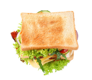 Photo of Yummy sandwich isolated on white, above view