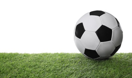 Football ball on green grass against white background. Space for text