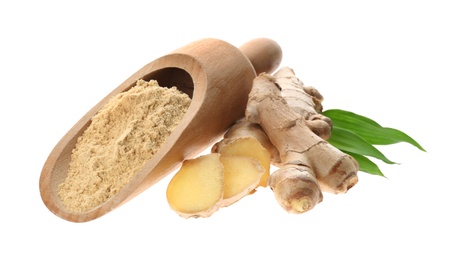 Dry ginger powder, fresh root and leaves isolated on white