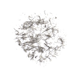 Pile of grey eraser crumbs on white background, top view