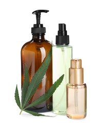 Set of hemp cosmetics with green leaf isolated on white