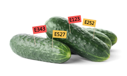 Fresh cucumbers with E numbers on white background. Harmful food additives 