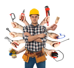 Multitasking concept. Handyman with different tools on white background