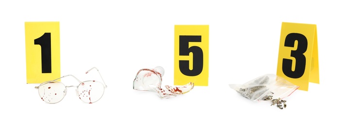 Crime scene investigation. Set of evidence identification markers and clues on white background