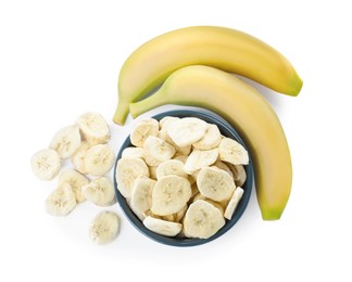Sweet sublimated and fresh bananas on white background, top view