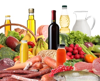 Assortment of fresh organic products on white background. Balanced food