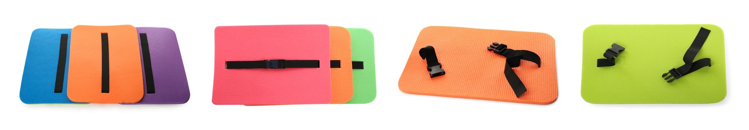 Set with colorful foam tourist seat mats on white background. Banner design