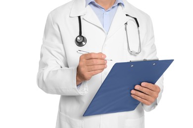 Doctor with stethoscope and clipboard on white background, closeup