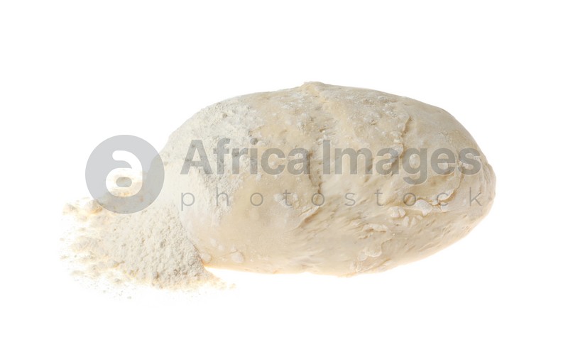 Photo of Raw dough for pastries and flour isolated on white