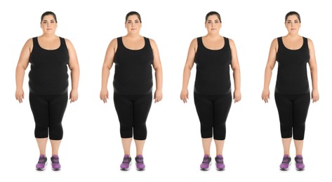 Image of Collage with photos of woman before and after weight loss diet on white background