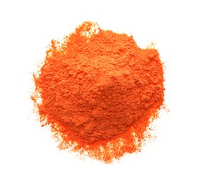 Pile of orange powder isolated on white, top view. Holi festival celebration