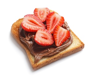Toast bread with chocolate spread and strawberry on white background