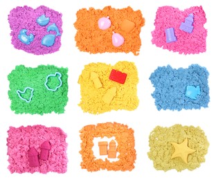Set with different figures, toys and colorful kinetic sand on white background, top view