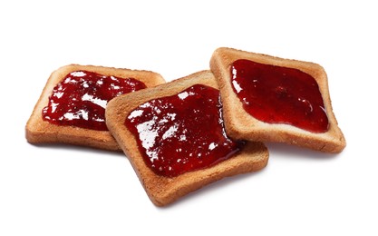 Delicious crispy toasts with berry jam on white background