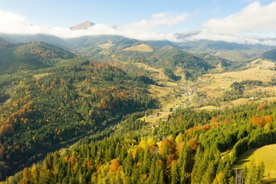 Aerial view of beautiful mountain forest and village on autumn day