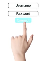 Illustration of authorization interface and woman pressing button CONNECT on white background, closeup