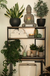 Shelving unit with stylish decor and green houseplants in bathroom. Interior design