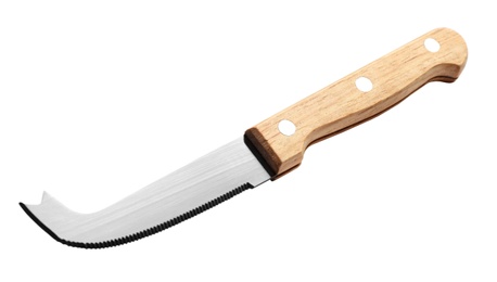 Fork tipped spear cheese knife with wooden handle isolated on white