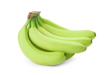 Cluster of green bananas on white background
