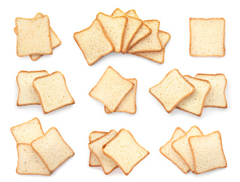 Set of sliced bread on white background, top view