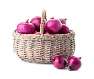 Basket full of onion bulbs isolated on white