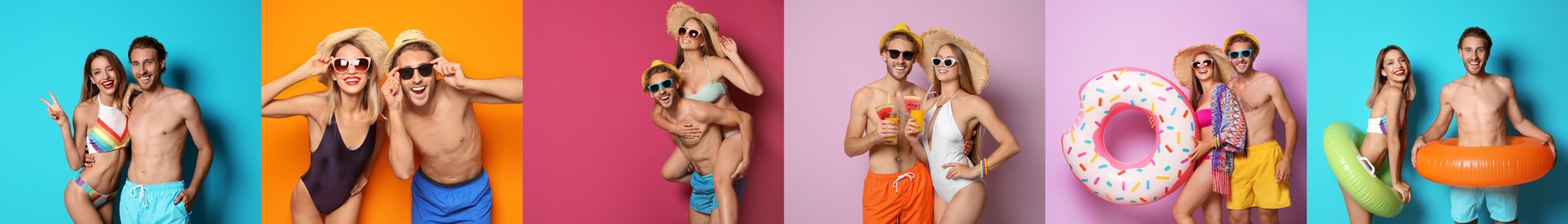 Collage with beautiful photos themed to summer party and vacation. Happy young couples wearing swimsuits on different color backgrounds, banner design
