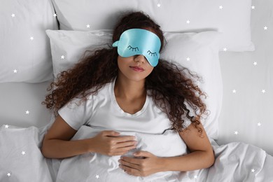 Young African American woman with mask sleeping in bed, top view. Tip for manage sleep deprivation